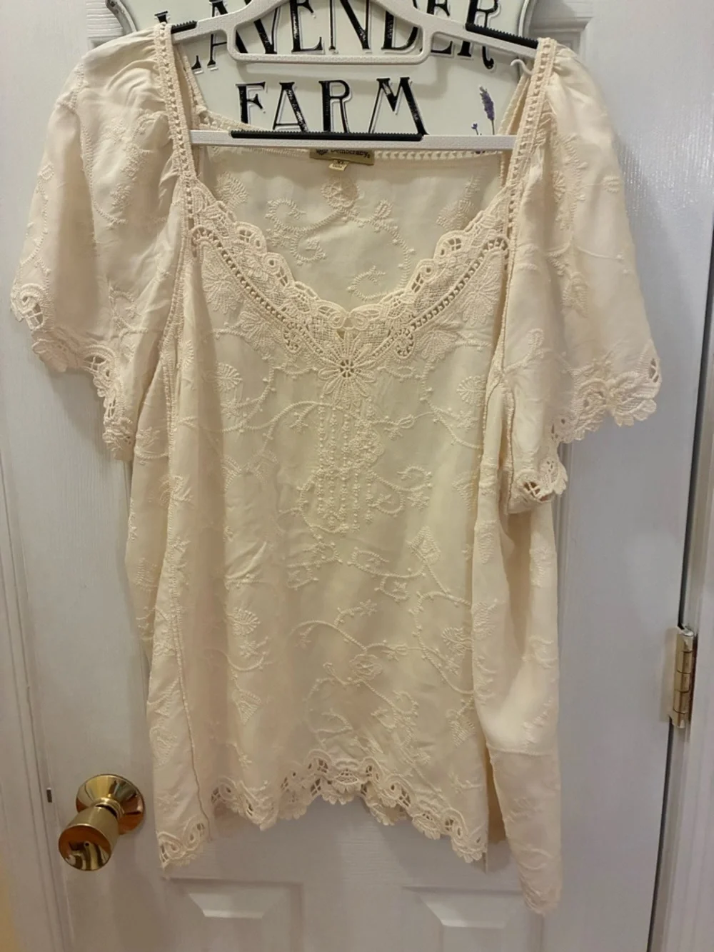 Democracy Cream Eyelet Lace Scoop Neck Flutter Sleeve Top - Picture 2 of 11